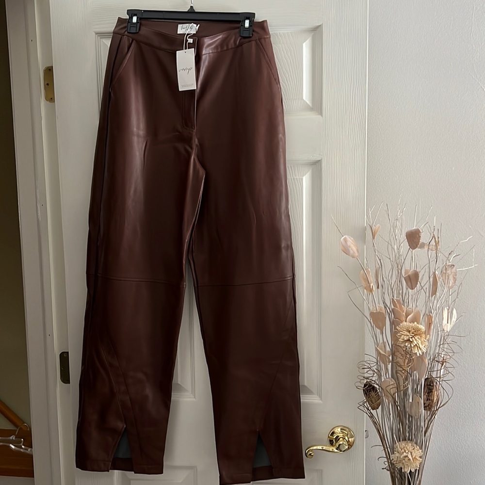 Chestnut Brown Wide Legged Faux Leather Trousers - Size 6
